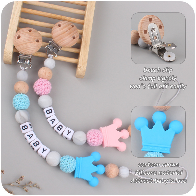 Bebé DIY creativo de dibujos animados corona de silicona calmante cadena juguete bebé nombre mordedor cadena de chupete cadena anti-caída