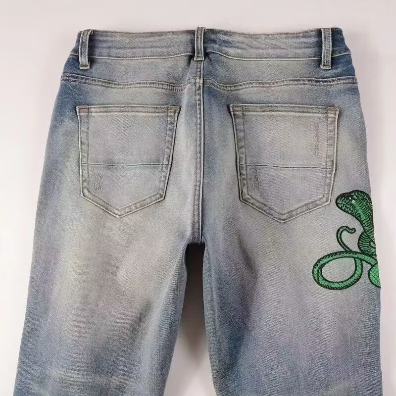 boy European And American High Street Trend Brand Vintage Distressed Niche Jeans For Men With Cobra Embroidery Patch Slim_voghion.com