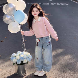 2026春秋季女童学院风蝴蝶结拼接上衣凯蒂猫挂件牛仔裤两件套