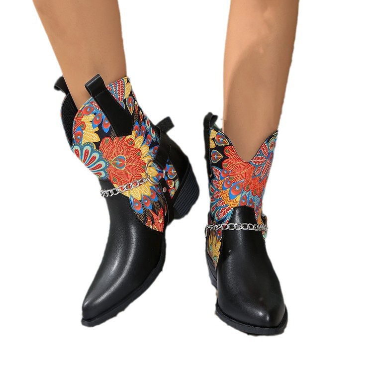 Botas de tacón medio con empalme de tacón grueso y puntiagudo versátiles con estampado grande y cadena para mujer, otoño 2024_voghion.com