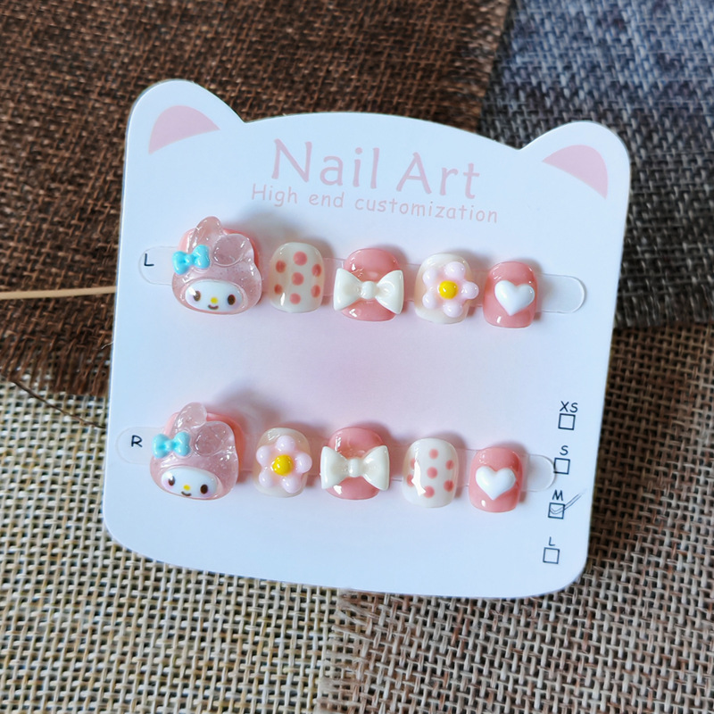 Little Flower Melody Kidsren's Handmade Manicure Wearable Nails 3-6-10 Years Old Removable Anti-Bite Nail Patch Baby