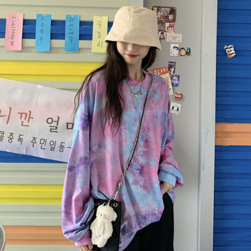 tie-dye Instagram long-sleeve T-shirt for women students plus size women Korean style loose autumn Urasawa outerwear autumn clothing outerwear T