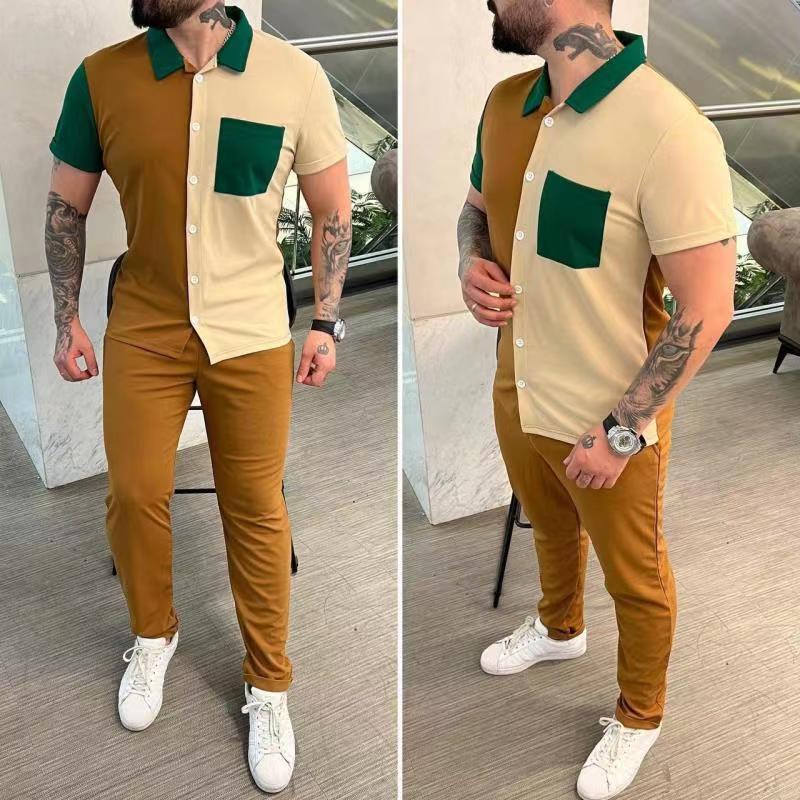 Spring and Autumn 2023 European and American popular cross-border Amazon color matching men's shirt short-sleeved trousers casual sports suit