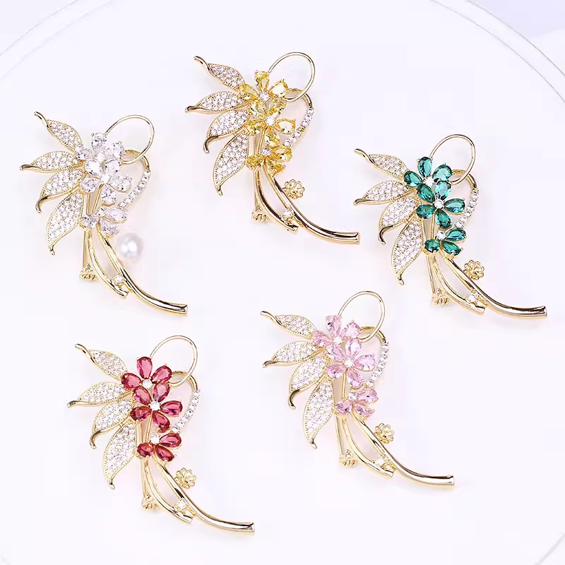 Copper-Plated Real Gold Zircon Flower Brooch High-End Accessories Pearl Corsage Empty Jade Agate DIY Jewelry Elegant