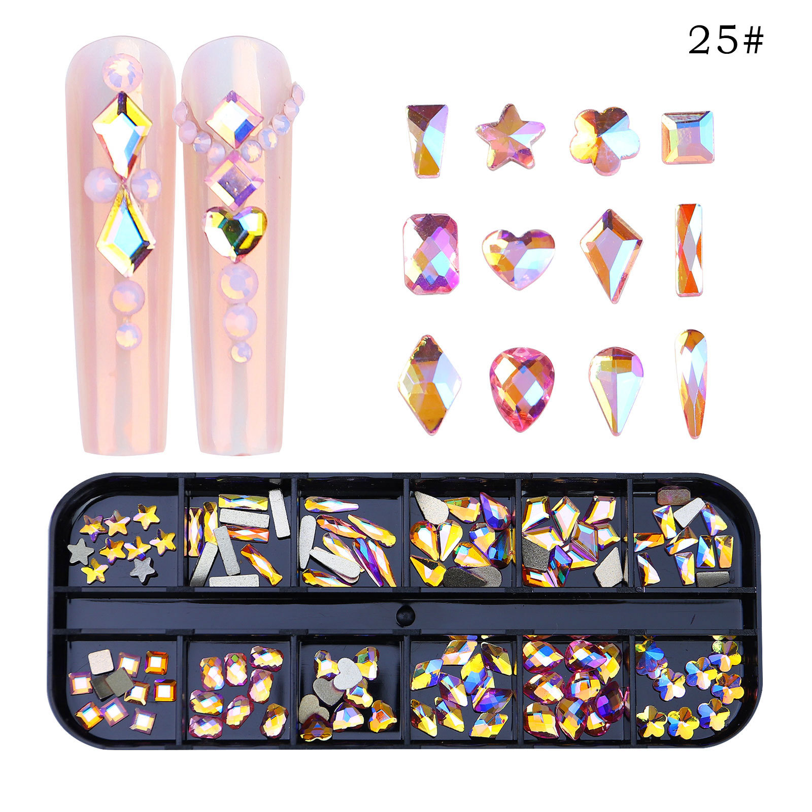 Transfronterizo nuevo taladro de uñas de 12 rejillas de forma especial diamante plano rhinestone AB joyería de uñas decoración de uñas de diamantes ventas directas de la fábrica