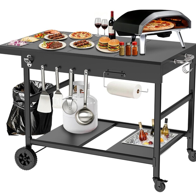 Outdoor Mobile Dining Cart with Condiment Table, Paper Towel Holder and Hooks, Barbecue Pizza Oven Table with Separate Storage