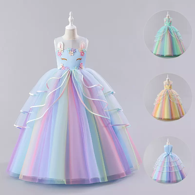 女儿童礼服公主独角兽周岁花童节日亚马逊小女孩蓬蓬婚纱网连衣裙