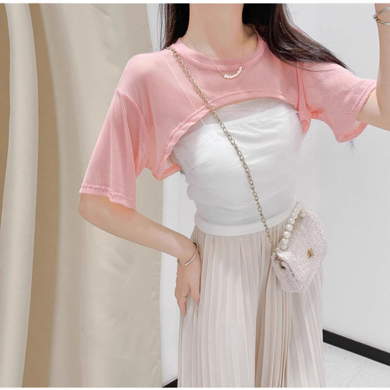 Pure Desire Style Short Sleeve Blouse for Women, Summer Thin Half-Short Top with Small Straps and Mesh Shawl Pure Desire Style Short Sleeve Blouse for Women, Summer Thin Half-Short Top with Small Straps and Mesh Shawl