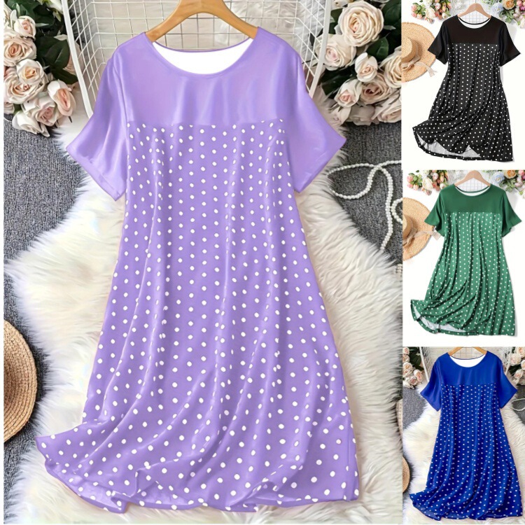 2025 Spring and Summer New European and American Cross-border Polka Point Crewneck Short Sleeve Nightdress Comfortable dress Women's Wear Factory Outlet