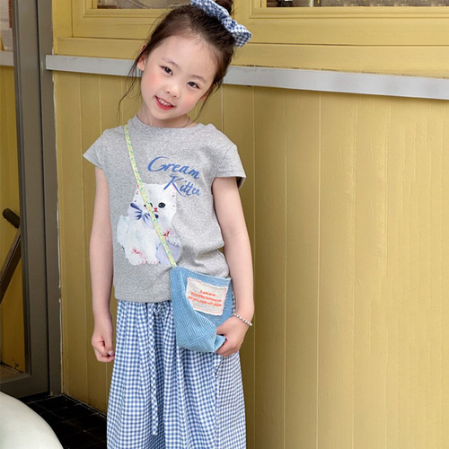 Girls' summer 2025 new bow cat printed short-sleeved versatile loose wide-leg casual pants two-piece set