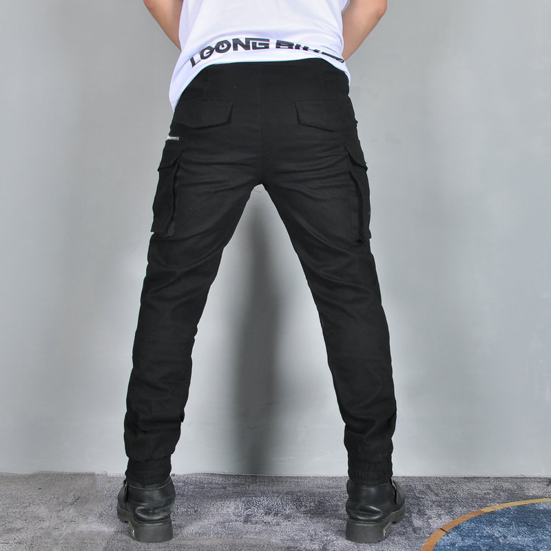 Pantalones de motocicleta VOLERO Vintage Pantalones de motocicleta Negro Multi-bolsas Pantalones anti-caídas Protector de silicona