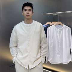 2025春夏新作中国式レトロ立ち襟リネンシャツ長袖シャツメンズデイリーカジュアル着心地