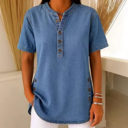 Denim Shirt for Women, Casual Henley Shirt, Cross-Border Foreign Trade Independent Site, Washed Cotton Blend