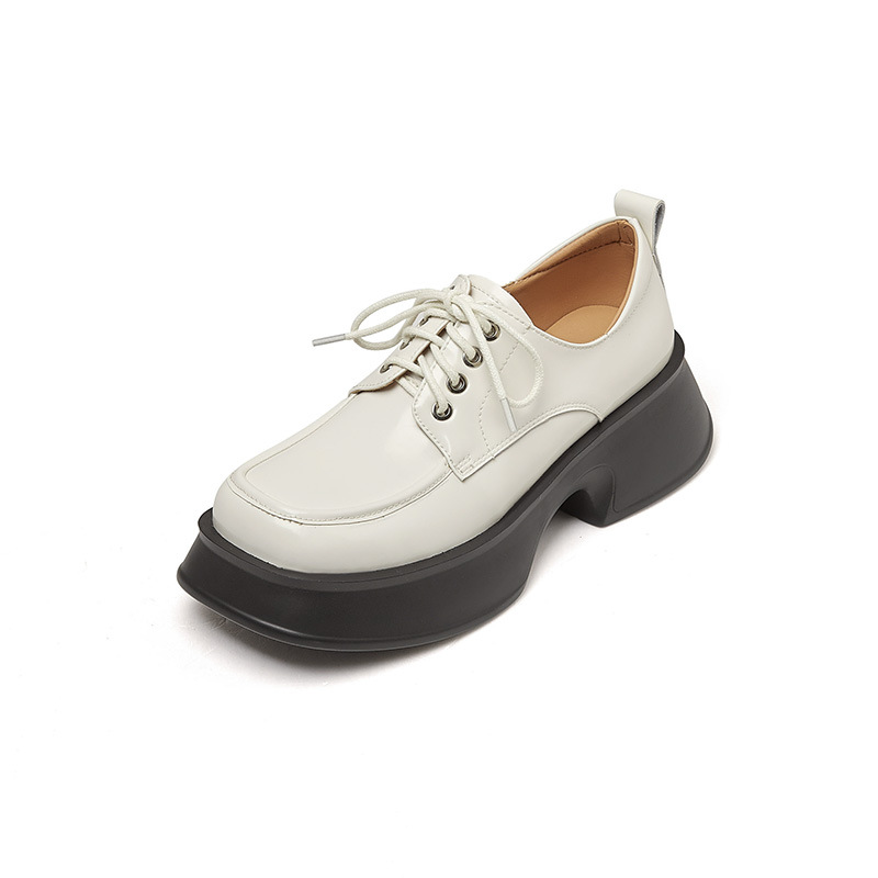 Giày loafer nữ đế xuồng buộc dây phong cách Pháp, gót platform 5 cm — màu đen
