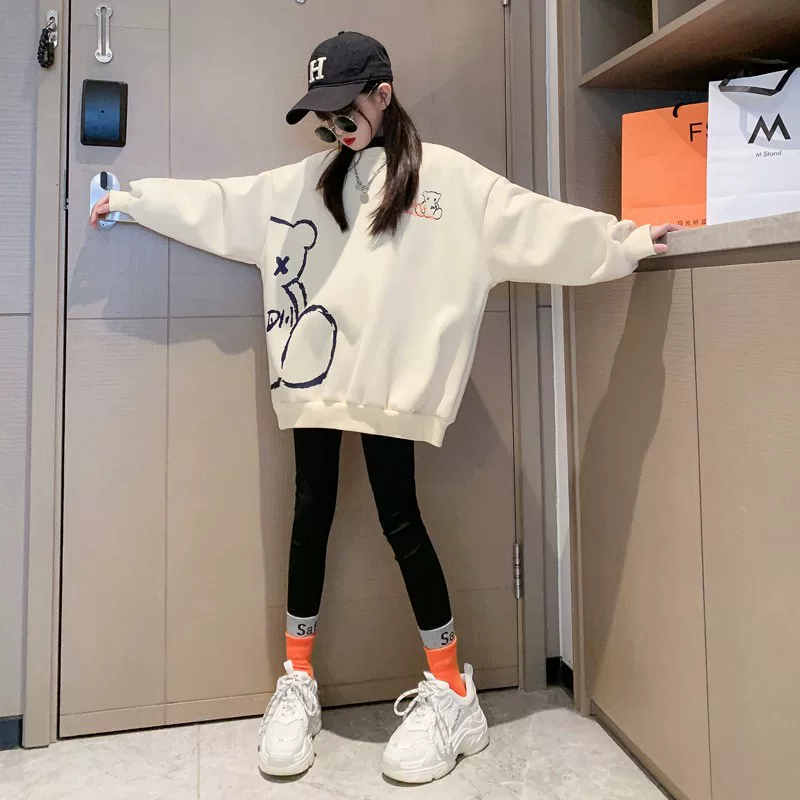 Детский свитер oversize, подросток унисекс, длинный по середине с принтом медведя, западный стиль
