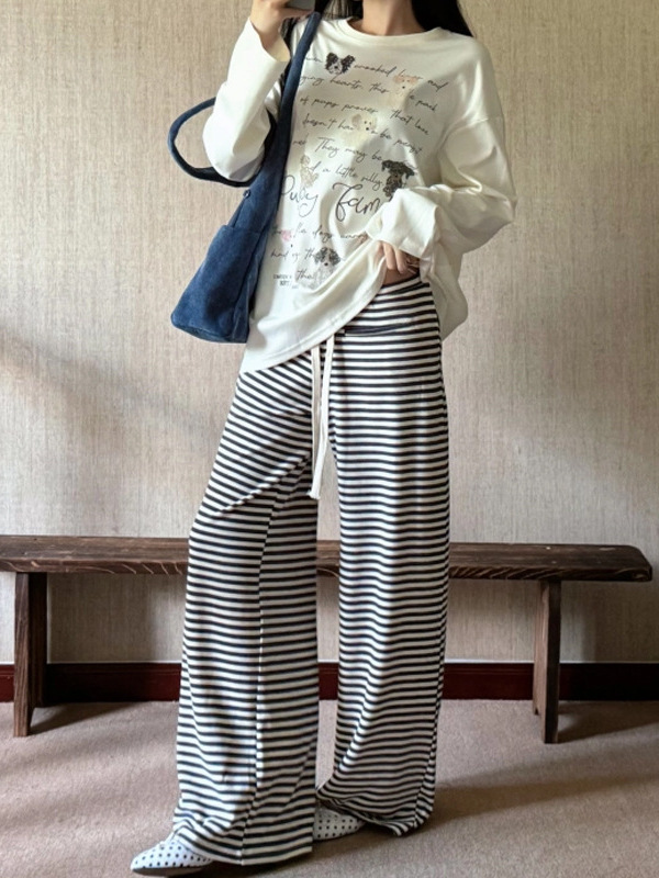 槿一 垂感懒懒裤 条纹慵懒风针织休闲裤女小个子宽松低腰长裤百搭|undefined