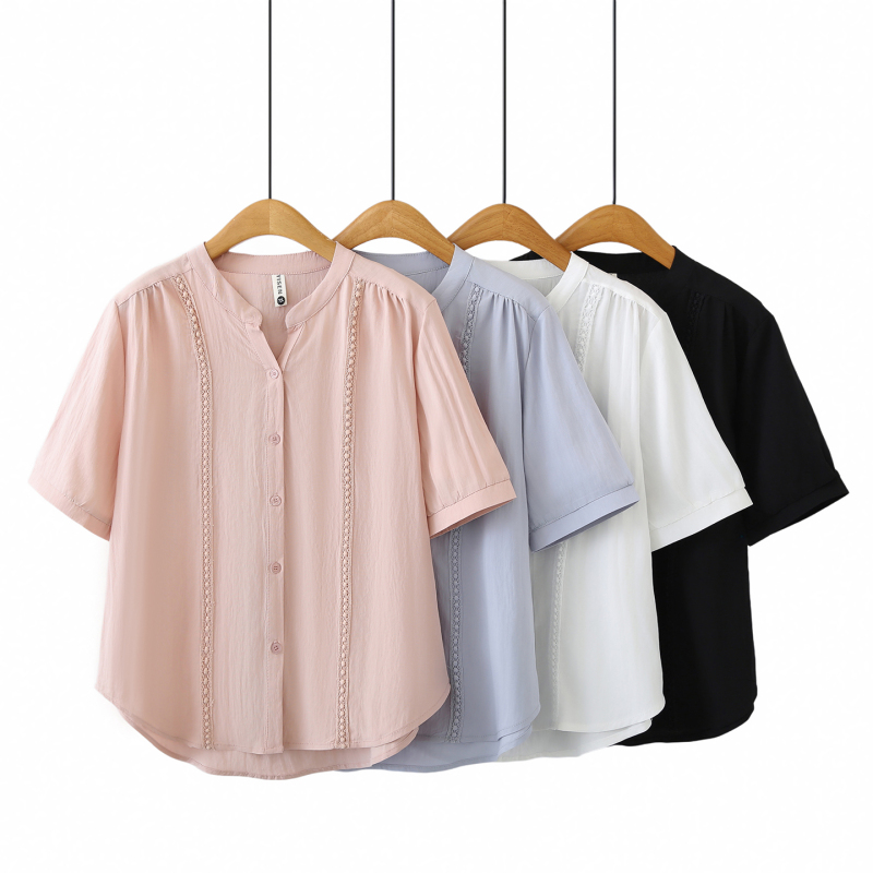 Plus-Size Women's Summer Short-Sleeve Shirt 2026 New Fashion Slimming Tummy-Covering Lace Patchwork Loose Half-Sleeve Top