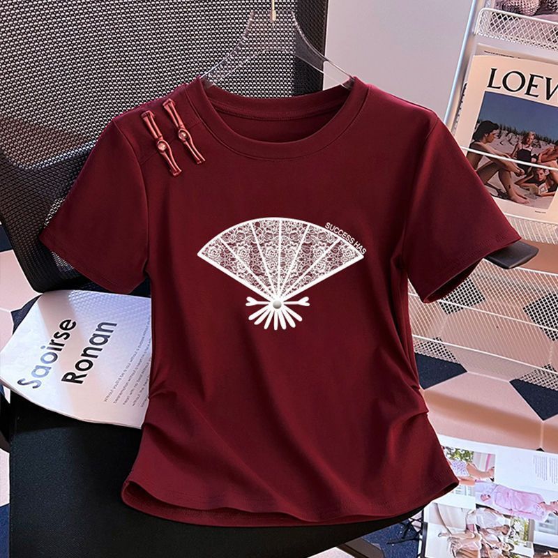 Nueva camiseta de manga corta con estampado de hebilla de disco de estilo chino para mujer verano talla grande grasa mm moda todo-fósforo temperamento delgado estilo nacional top