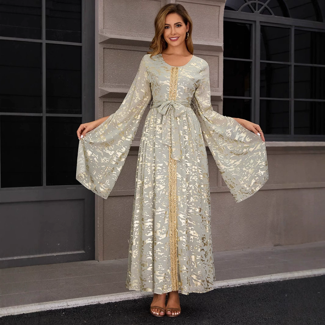 Платье-халат для женщин, новая модная модель из Дубая, с тиснением на талии и завязками, для мусульманок, трансграничная торговля Ближнего Востока.