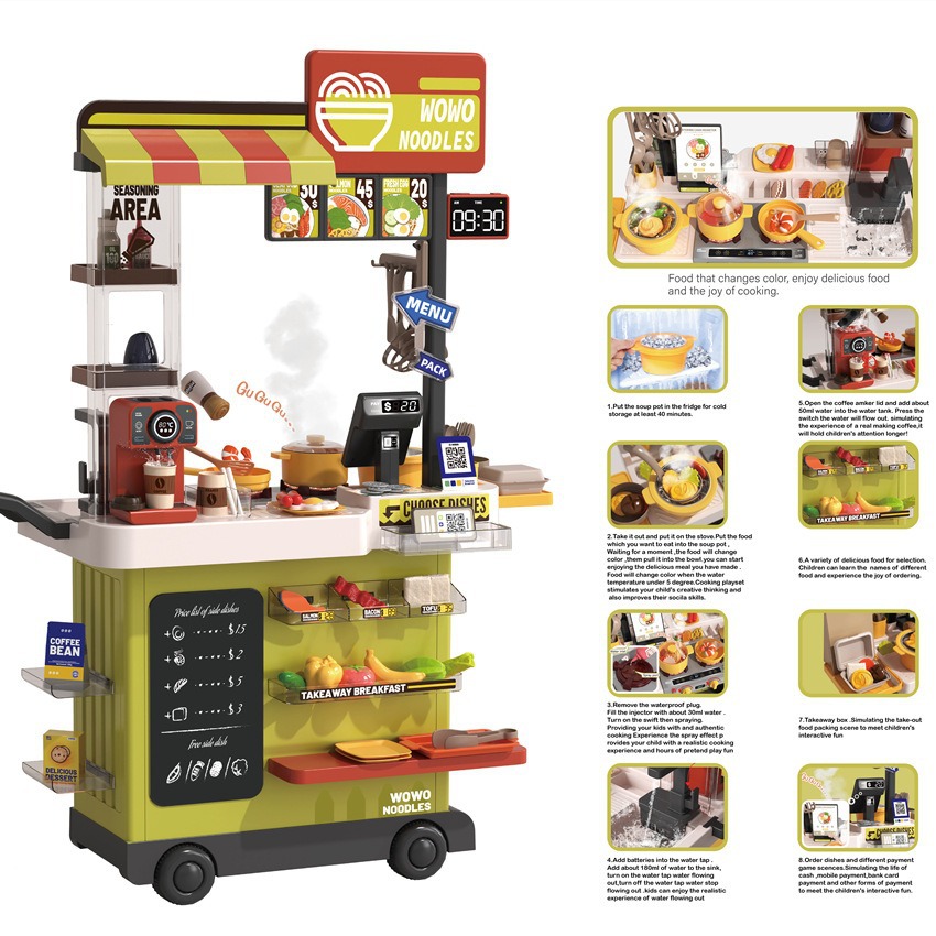 Niños transfronterizos en casa simulación pulverización eléctrica correa de agua acústica y luz de cambio de color comida rápida conjunto de carrito al por mayor