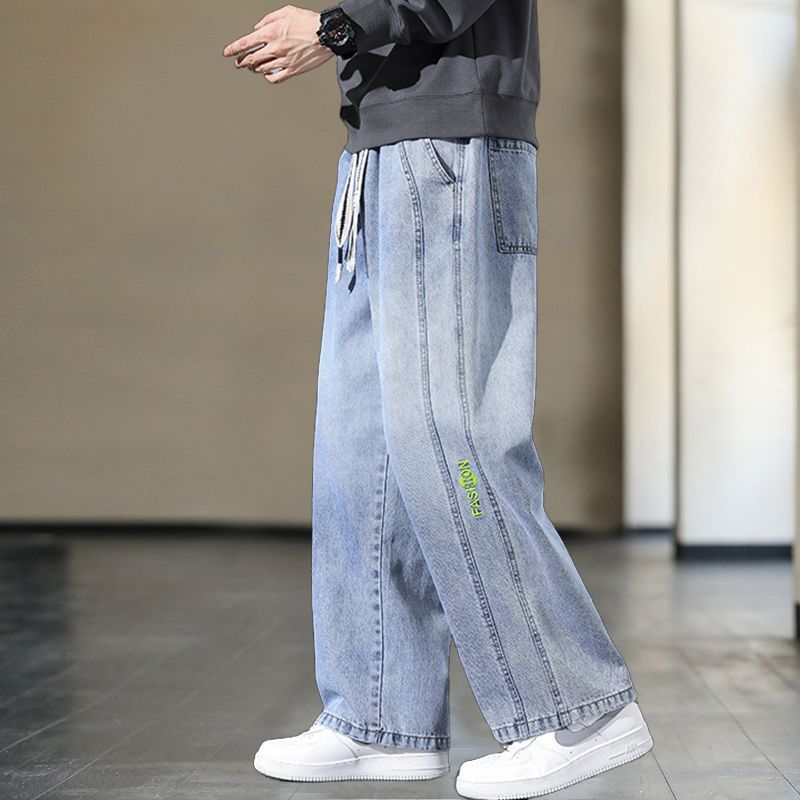 Jeans primavera y verano para hombres, estilo fino, estudiante, adolescente, talla grande, gordo, suelto, elástico, pierna ancha, pantalones largos rectos, hombre