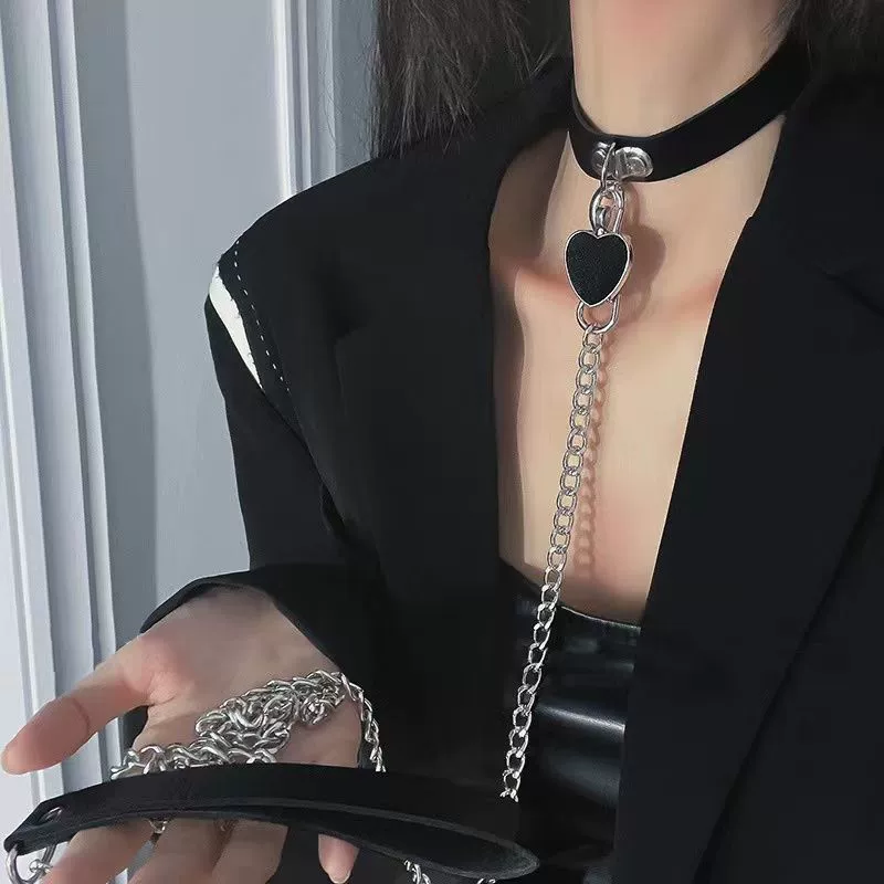 Choker Necklace Set, adjustable faux leather & chain, pendant/bell/leash options, 40–48 cm