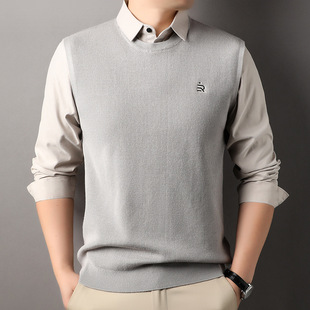 High-end Brand Men's Fake Two-piece Long-sleeved Shirt Collar Fashionable Cardigan Spring and Autumn Knitted Base Shirt Middle-aged T-shirt