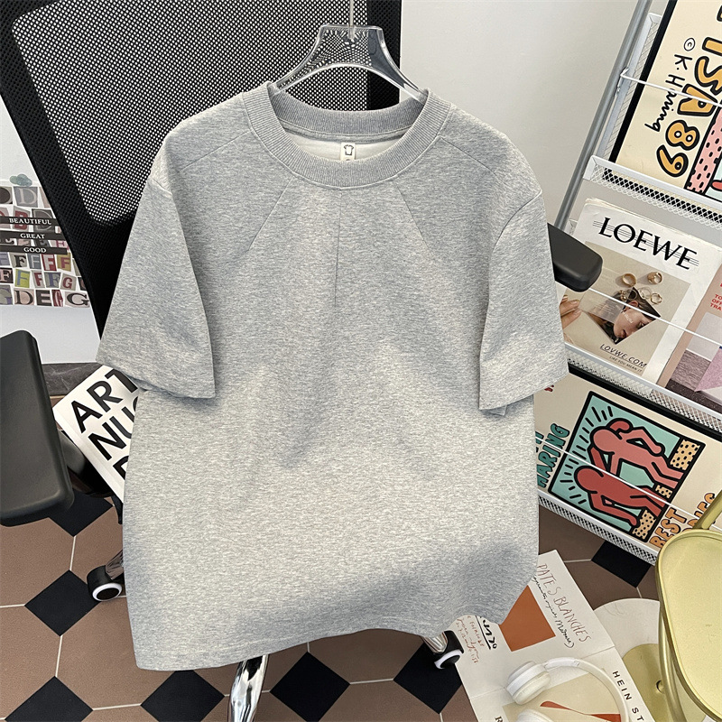 Heavy Weight 280g Air Cotton American Short-Sleeved T-Shirt Men's Silhouette Simple High-End Gray Versatile Right Shoulder White T-Shirt