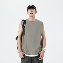 青少年背心男士夏季美式重磅纯色潮牌坎肩宽松假两件无袖男t恤衫