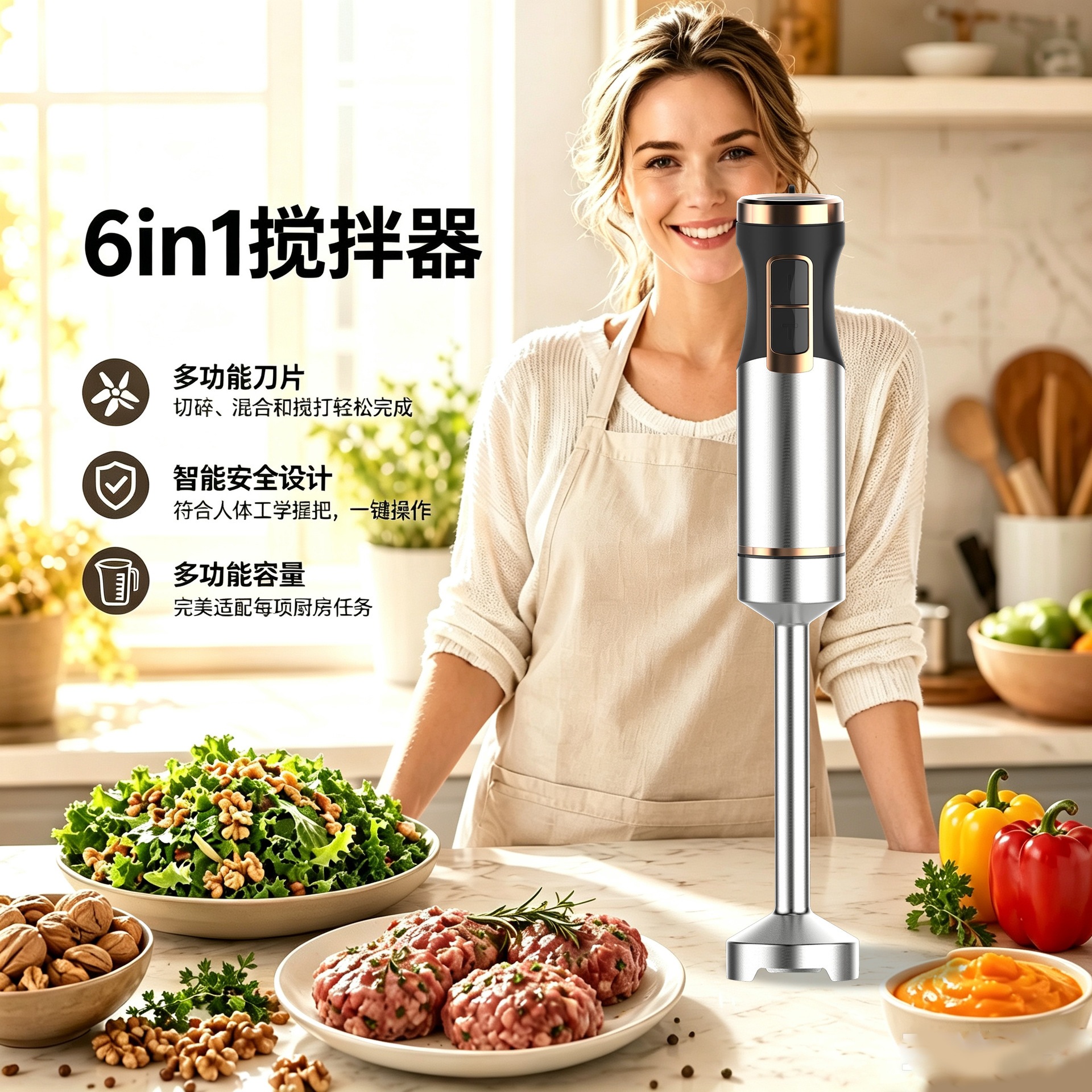 跨境家用6合1多功能料理机榨汁机不锈钢材质料理棒辅食机