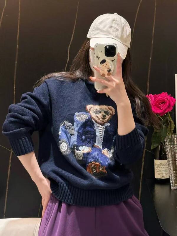 24 冬の女性のクマのセーター刺繍クマ織り花の絵ニットプルオーバーカジュアルで多用途|undefined