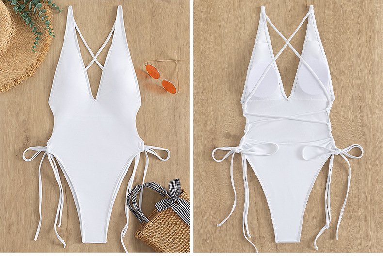 One-piece Swimsuit Deep V Neck Sexy Solid Colour Beach Bikini_voghion.com