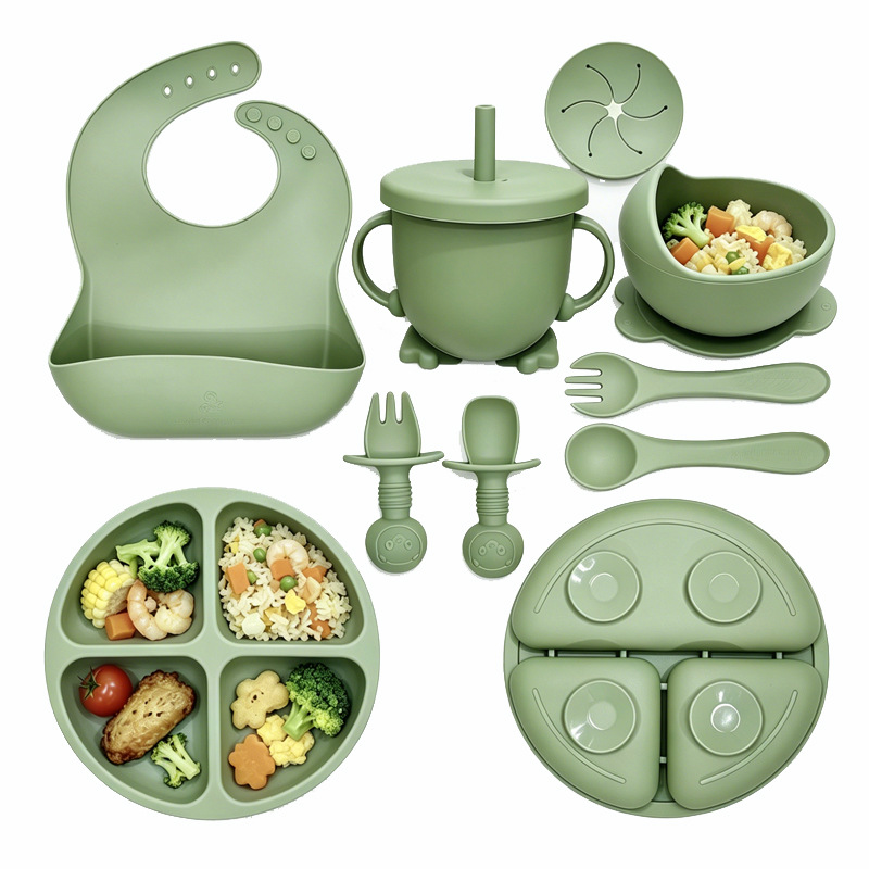 Vajilla para niños al por mayor transfronteriza, tazón de alimentos, plato de silicona, babero de tenedor y cuchara para bebé, juego de 8 piezas, productos maternos e infantiles a prueba de caídas