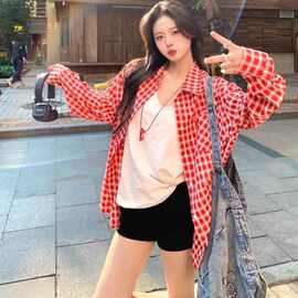 红色别致格子衬衫女秋冬2025新款爆款翻领衬衣港味复古chic上衣女
