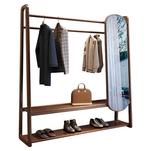 Walnut solid wood freestanding wardrobe clothes rack with mirror integrated clothes rack full-length dressing mirror can hold items