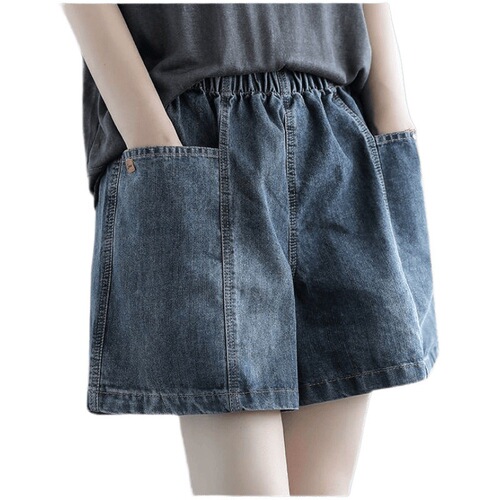 Summer Korean denim shorts for women, large pockets, loose, slimming, age-reducing, all-match, wide legs, thin elastic waist shorts for women