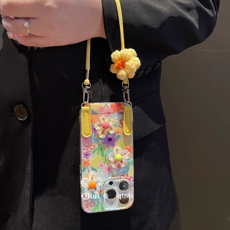 Japanese and Korean Colorful Flower Hand Rope 17Pro Mobile Phone Case Korean Style 16 Transparent Protective Cover 15Promax Stereo Drop-Resistant Japanese and Korean Colorful Flower Hand Rope 17Pro Mobile Phone Case Korean Style 16 Transparent Protective Cover 15Promax Stereo Drop-Resistant
