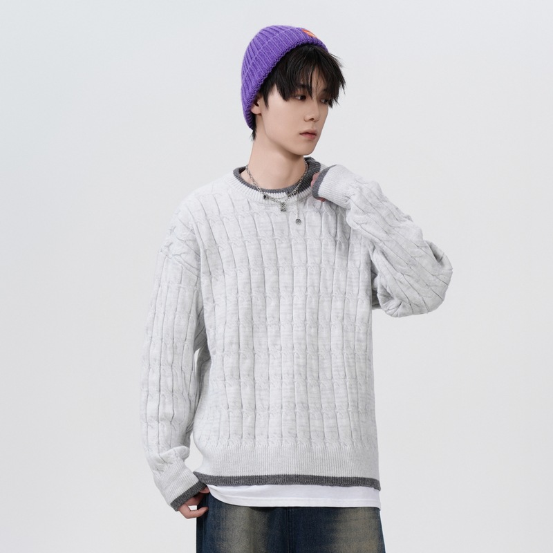 2026秋季圆领宽松长袖针织衫青少年运动风罗纹底摆透气腈纶线衫，男装针织衫/毛衣，星座614