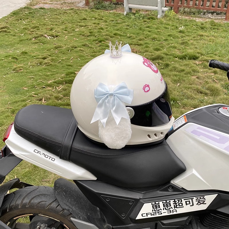 Light Blue Bow White Dog Helmet Decoration Motorcycle Universal