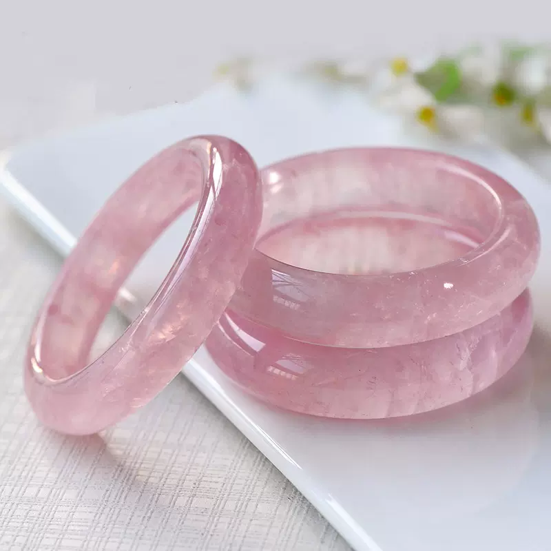 厂家批发天然粉水晶手镯粉晶女镯子加厚窄宽可爱桃花冰透浅粉玉镯
