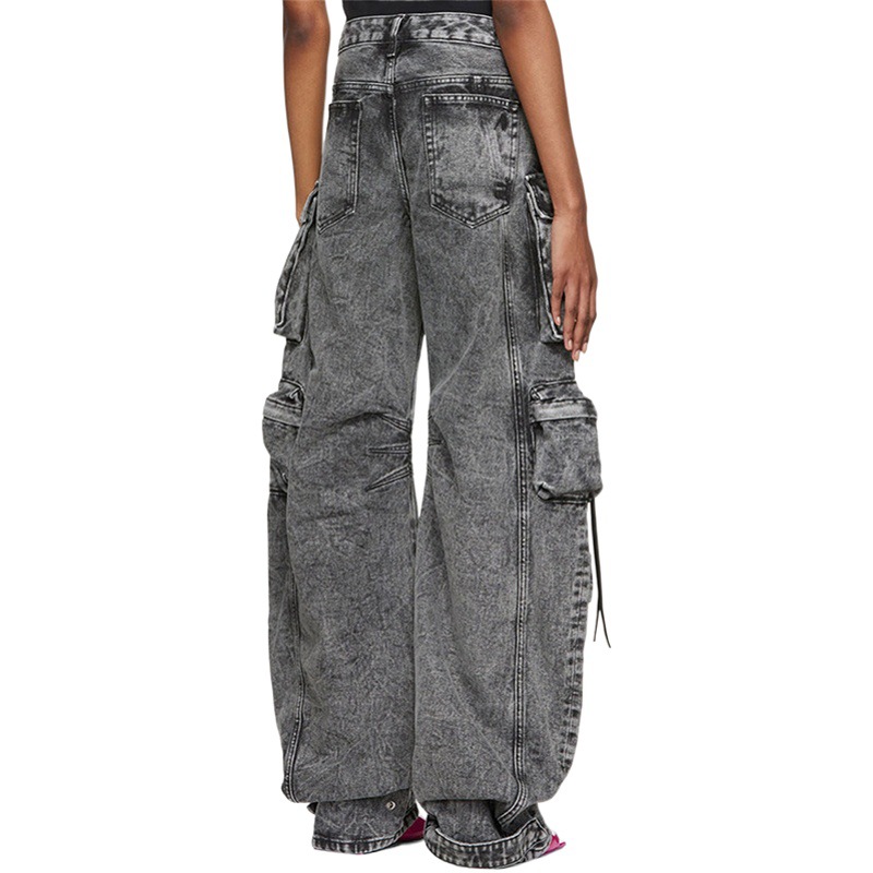 Pantalones Cargo de Estilo Urbano con Múltiples Bolsillos y Diseño de Parches en Gris Humo, Estilo Europeo y Americano, Pantalones Largos de Pierna Ancha