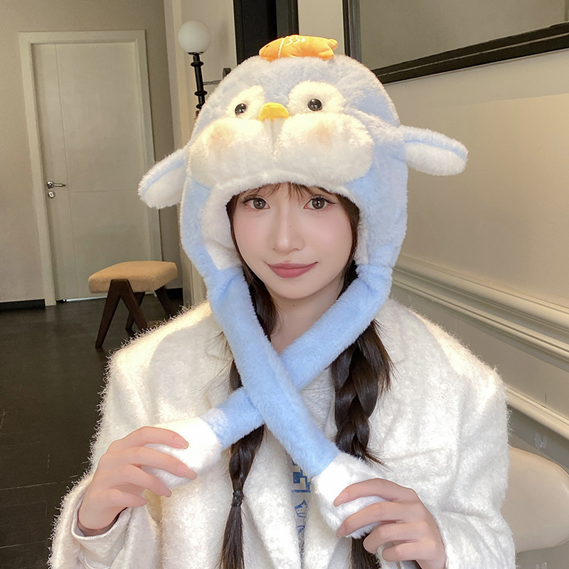 卡通企鹅小鱼可爱冬季毛绒帽子围巾一体学生女加绒加厚防寒保暖帽|undefined
