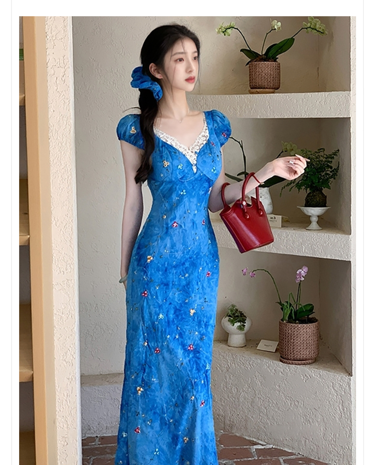Váy maxi nữ in họa tiết phong cách Pháp thêu tay thanh lịch mùa hè N4097 — Xanh lam nhỏ chi tiết 2