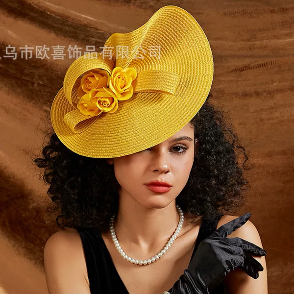 European and American New Style Faux Straw Hat, Exaggerated Large Hat, Handmade Headpiece, Floral Headband, Hair Accessory for Horse Racing Festival