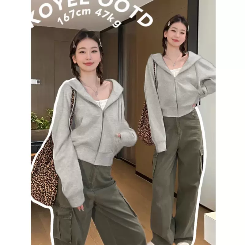 灰色短款连帽卫衣拉链开春外套女春秋修身小个子韩系开衫上衣春季