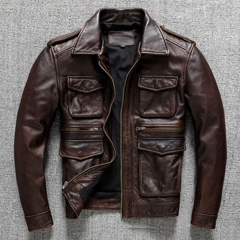 2025 Autumn/Winter New Men's American Retro Trend Slim Fit Turn-Down Collar Leather Jacket