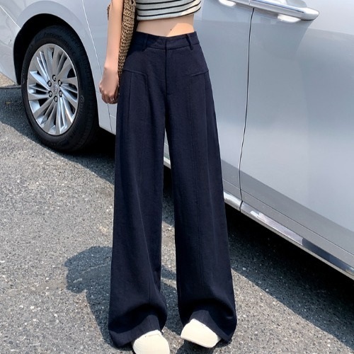 老钱风窄版亚麻弯刀阔腿裤女夏薄款藏青色棉绸裤子慵懒直筒西装裤|undefined
