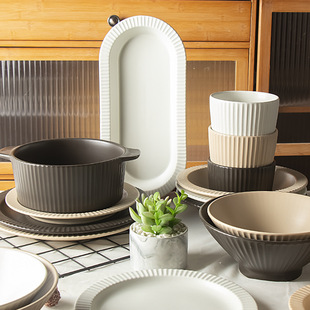 Ins Nordic Style Housewarming Dishes and Dish suit Vertical Pattern Household Dishes and Dish 2024 New Style Tableware Light Luxury Plate Soup Bowl