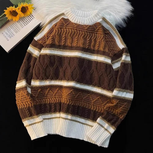 Sweater for Men in Autumn/Winter, Youth Striped Contrast Color Knitwear Jacket, Japanese Trend Brand Retro Lazy Style Woolen Sweater