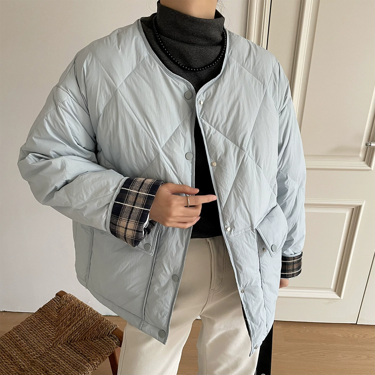 Зимняя пуховка, корейский стиль, круглый воротник, оверсайз